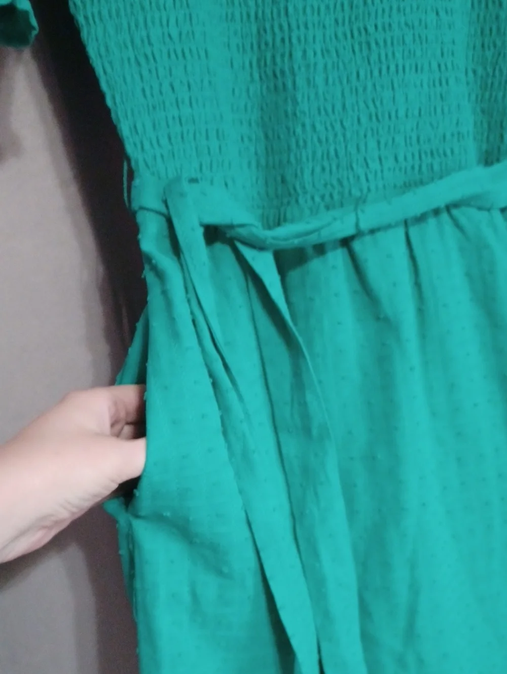 Draper James Green Smocked Puff Sleeve Square Neck Cotton Dress Pockets Size L